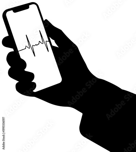 Hand Holding Smartphone with EKG Heartbeat Line Silhouette Representing Digital Health and Mobile Heart Rate Monitoring Technology