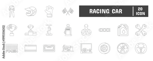 20 Racing Car Line Icon Illustration Set
