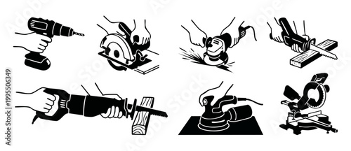Power Tools Set Silhouette Hand Held Equipment for Construction and Woodworking Projects, Vector Illustration of Electric Drill, Circular Saw, Angle Grinder, Reciprocating Saw, Sander and Miter Saw Ic