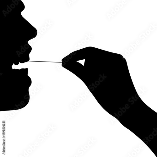 Black silhouette of a person using dental floss for oral hygiene on white background vector illustration