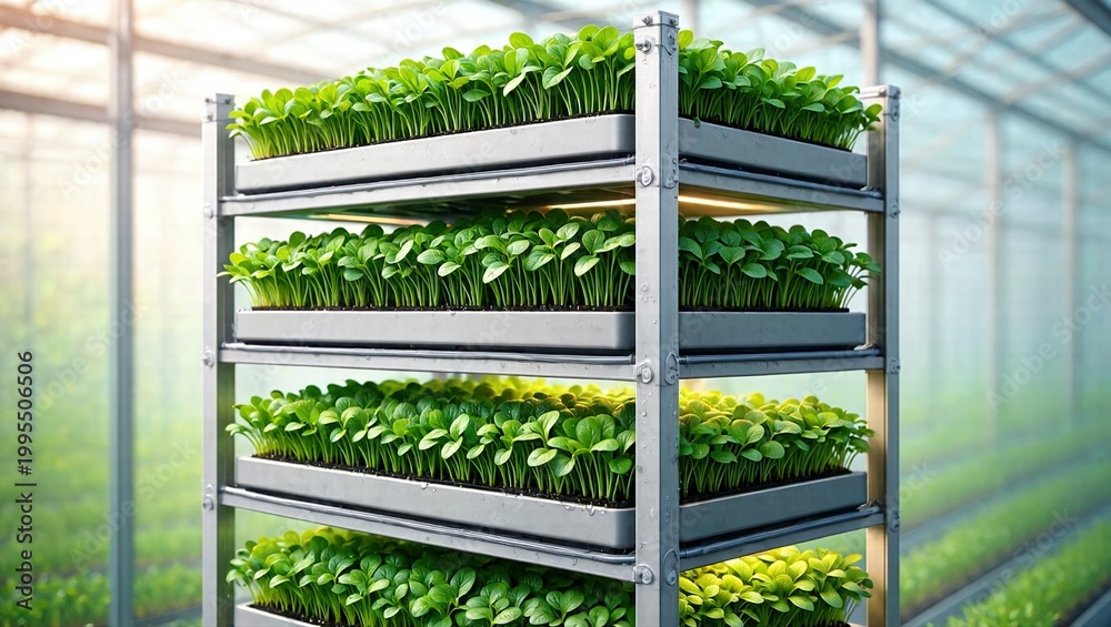 Fototapeta premium Vertical farming tower with fresh greens growing in a modern greenhouse