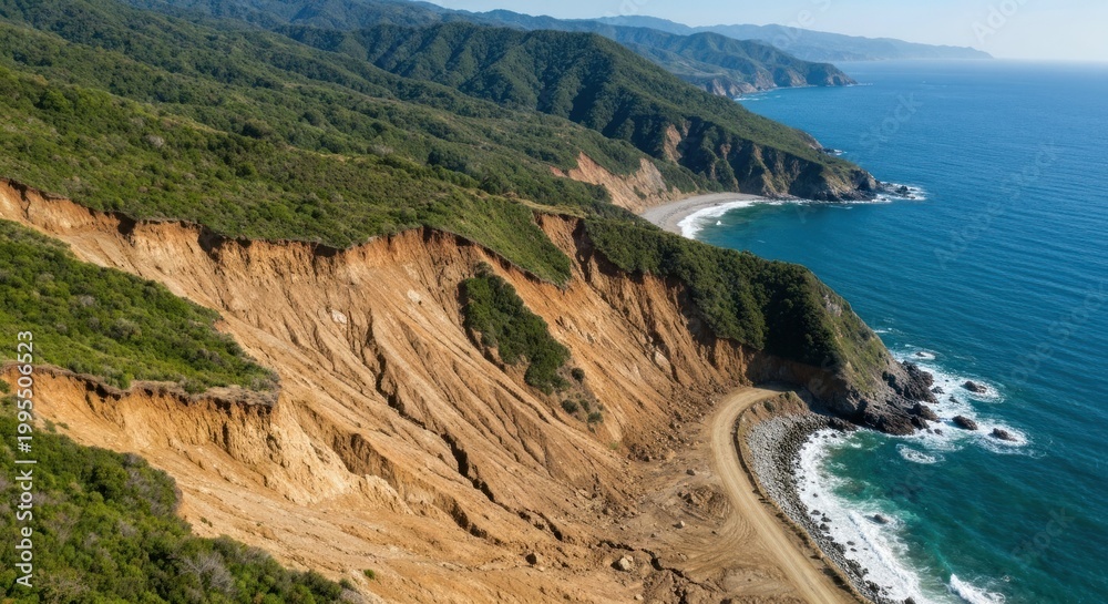 Obraz premium Aerial view of coastal cliff with landslides, road, and ocean