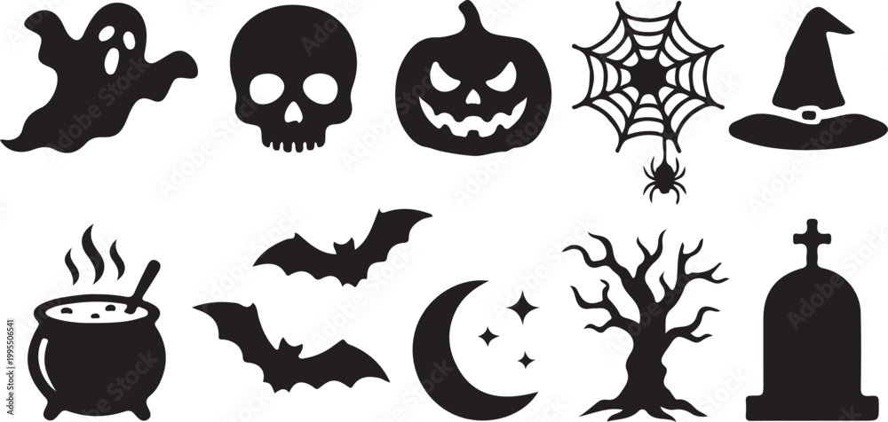 Obraz premium Halloween icons, black silhouettes, spooky symbols, 10 vector graphics