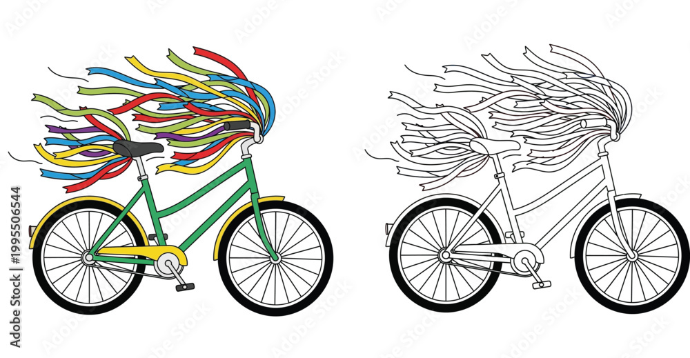 Fototapeta premium Green Bicycle Decorated with Colorful Rainbow Ribbons Illustration and Line Art Coloring Page for Kids Celebration and Parade Vector