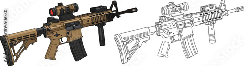 Assault rifle with scope and foregrip realistic vector illustration and line art isolated on white background for design