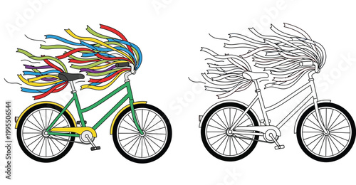 Green Bicycle Decorated with Colorful Rainbow Ribbons Illustration and Line Art Coloring Page for Kids Celebration and Parade Vector