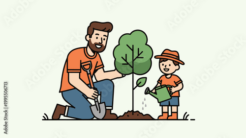 Man and Child Planting a Tree Together.