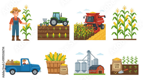 Cartoon icons representing corn farming activities featuring a happy farmer, agricultural machinery, harvest equipment, storage silos, and various vegetable crops.