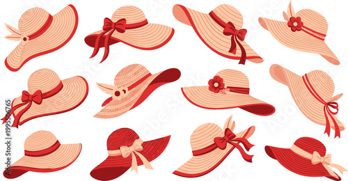 Stylish Collection of Red and Beige Women’s Straw Hats with Ribbons and Flowers for Summer Fashion, Beachwear, and Outdoor Accessories