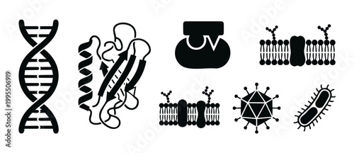 DNA Protein Cell Membrane Virus Bacteria Icons Set, Scientific symbols for biology research, laboratory medical education, genetic molecular structure, microbiology infographic elements on isolated ba