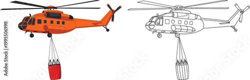 Orange firefighting helicopter with water bucket vector illustration and outline for rescue and emergency services