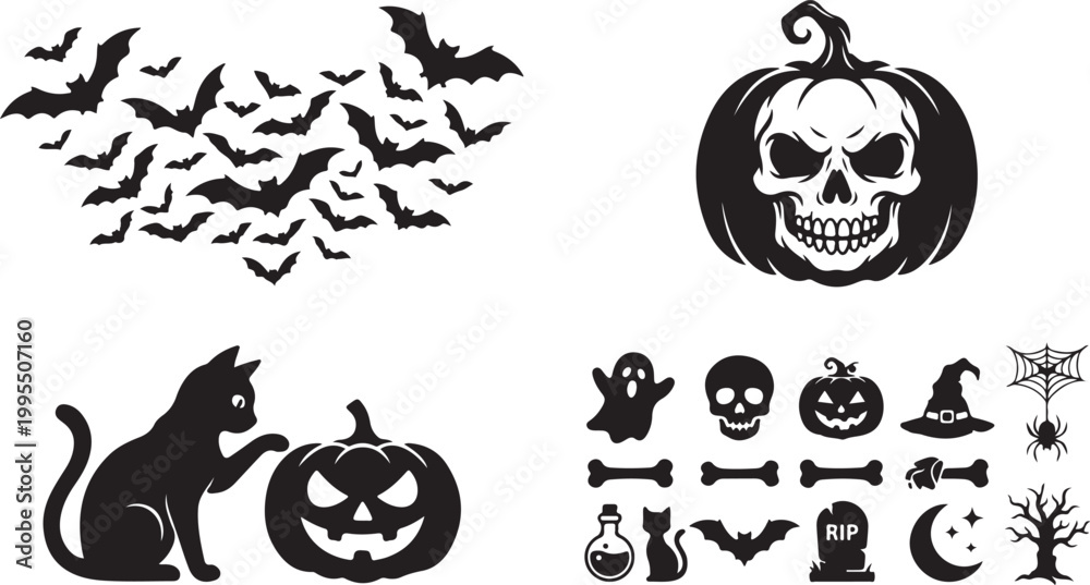 Obraz premium Halloween icons, black silhouette symbols, spooky decorations, vector graphics