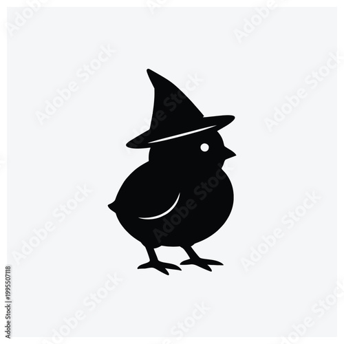 Black silhouette of a cartoon bird wearing a pointy wizard hat.