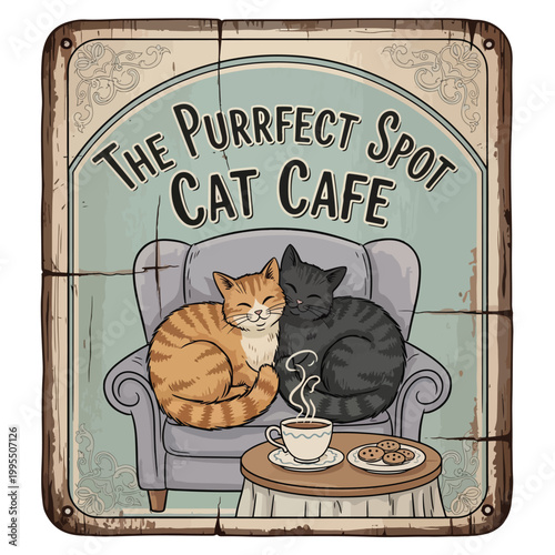 Illustration of two cats sitting on a sofa with a coffee table in front, on a vintage metal sign