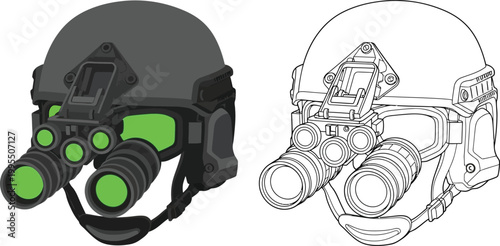 Tactical helmet with night vision goggles military equipment illustration for security and defense concepts vector art