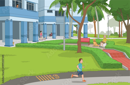 A calm Singapore HDB scene - a jogger passes a marked path, a cyclist’s bike rests nearby, a resident walks a dog, and an elder relaxes with his golden retriever under leafy trees.