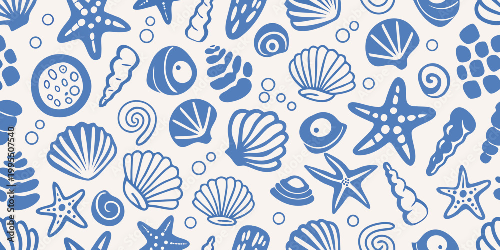 Wall Mural Blue and white seashell pattern with starfish and various marine life