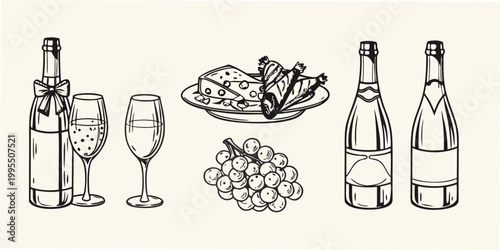 Fényképezés A festive arrangement of champagne bottles glasses cheese and grapes