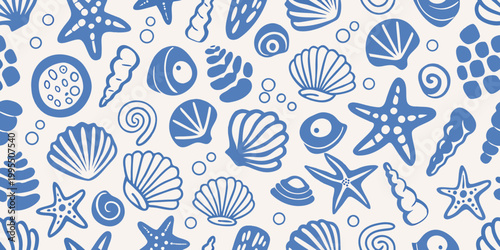 Canvas Print Blue and white seashell pattern with starfish and various marine life