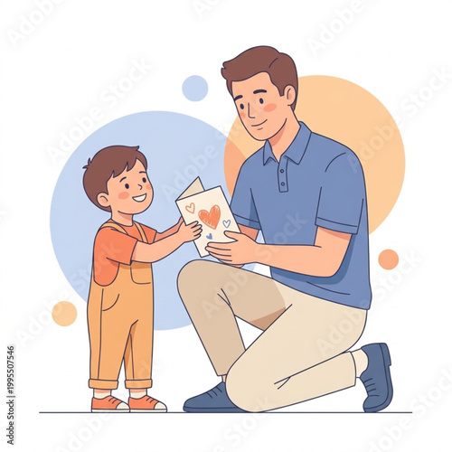 A young boy proudly presenting a beautiful greeting card to his father kneeling down to greet him.