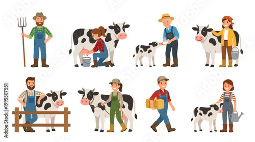 Diverse cartoon farmers, men and women, tending to their happy dairy cows and calves, demonstrating traditional farm work and animal care.