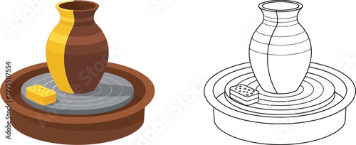 Pottery wheel with vase and sponge flat vector illustration for craft and art projects isolated on white
