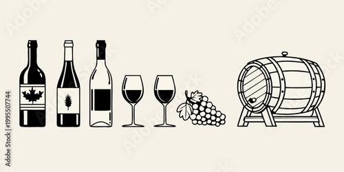 Wine bottles glasses a barrel and grapes in a black and white design