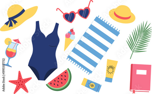 Summer Vacation Essentials Vector Set with Sunglasses, Swimsuit, Hat, Ice Cream, and Beach Accessories