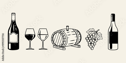 Line art illustration of wine bottles glasses a barrel and grapes