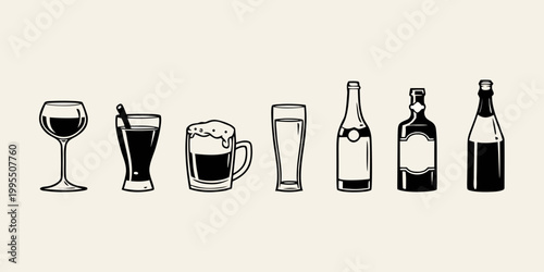 Line art illustration of various alcoholic beverages in black and white