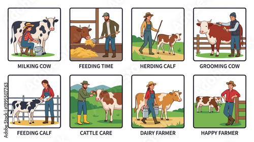 Farmers performing various farm activities with cows, including milking, feeding, herding, and grooming livestock.