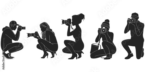 Photographer silhouette illustration, camera professional artwork, diverse photography poses design concept scene, creative snapshot representation, flat vector illustration