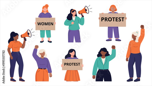  A Diverse Group of Women United in Activism, Using Megaphones and Protest Signs to Advocate for Women's Rights and Social Justice