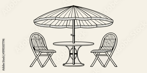 A simple line drawing of a cafe table and chairs with an umbrella