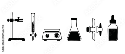 Laboratory Equipment Icons Set, Scientific Lab Tools for Chemistry and Research Experiments, Including Beaker, Burette, Hot Plate, Stand and Dropper Bottle Vector Illustration in Black and White Outli