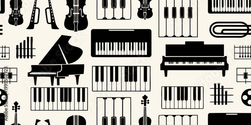 A repeating pattern of various musical instruments in black silhouettes