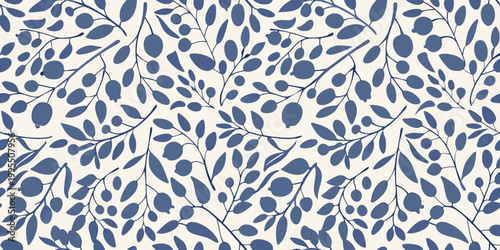 Blue and white floral pattern with delicate leaf and bud shapes