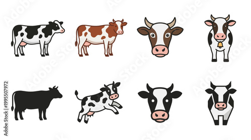 Various stylized cow illustrations featuring multiple poses and different color patterns for livestock graphic design and farming educational projects