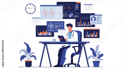 A Doctor Monitoring Complex Patient Data and Medical Metrics via a Multi-Screen Digital Dashboard.