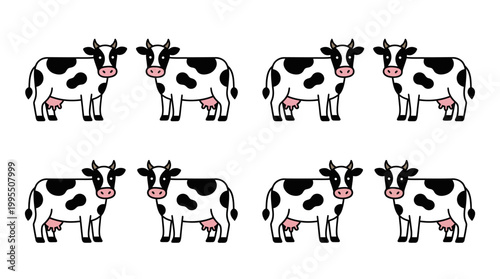 A collection of eight cartoon Holstein Friesian cows with black and white spots and pink udders standing.
