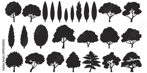 Tree silhouette collection illustration, diverse species artwork, botanical design concept scene, landscape planning representation, natural form comparison, flat vector illustration