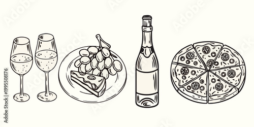 A celebratory sketch featuring champagne pizza grapes and a slice of cake