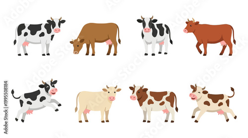A collection of various cute cows featuring different breeds and colors displayed as a flat vector illustration design set