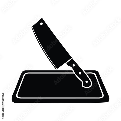 Black kitchen knife on cutting board icon