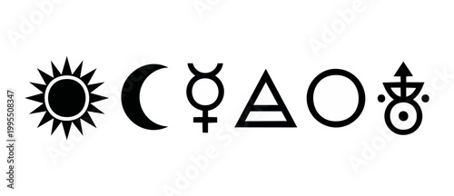 Astrological Symbols Set Sun Moon Mercury Alchemy Signs Isolated Black Icons on White Background for Esoteric Spiritual Design Projects, Celestial Planetary Elements for Occult Mystical Graphic Resour