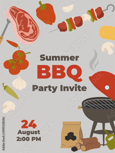 Vector illustration of a summer barbecue party invitation template. Design features a red kettle grill with smoke, charcoal briquettes, firewood, and various raw food ingredients like steak, shashlik,