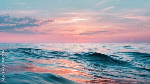 Serene Ocean Sunset with Gentle Waves and Soft Reflections of Light on Calm Water, Creating a Peaceful Seascape Atmosphere with Vibrant Sky Colors