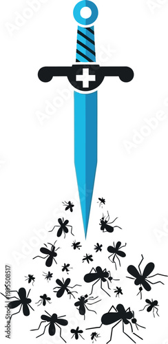 Medical sword fighting mosquitoes vector illustration, healthcare protection against malaria and zika virus, blue dagger with cross symbol killing insects