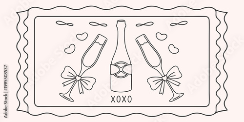Celebratory illustration featuring champagne bottles glasses and romantic hearts