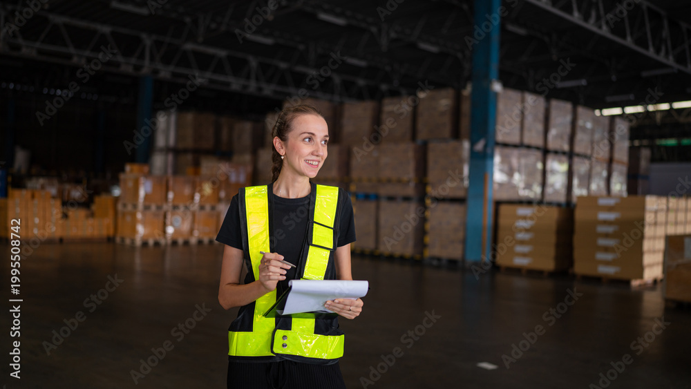 Obraz premium Portrait of female staff with holding clipboard working in warehouse, Industrial and industrial workers concept.